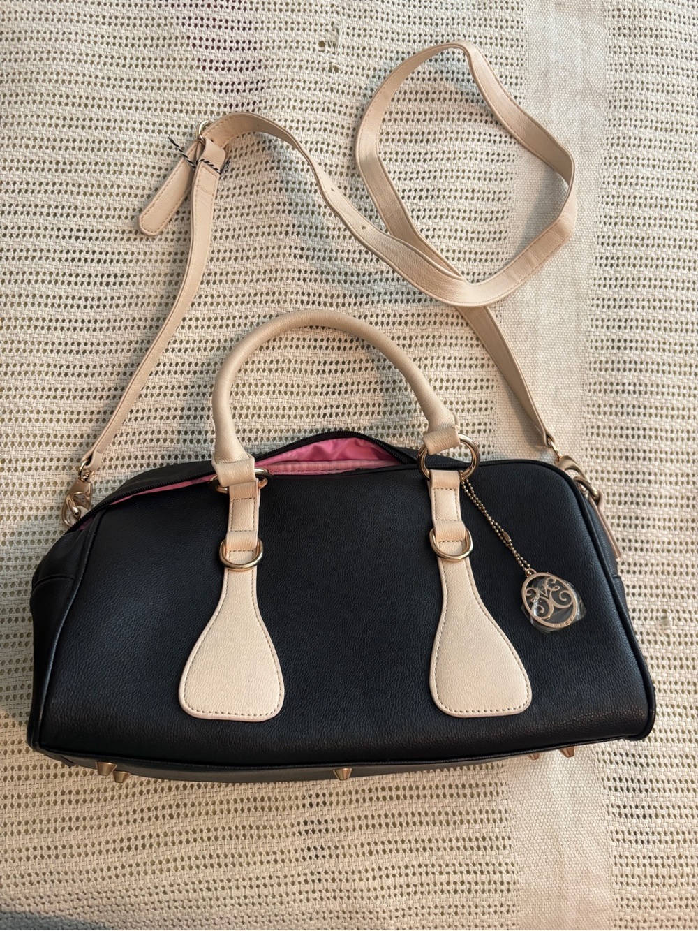 VIETA Fashion Black Satchel with Beige Trim and Gold Charm